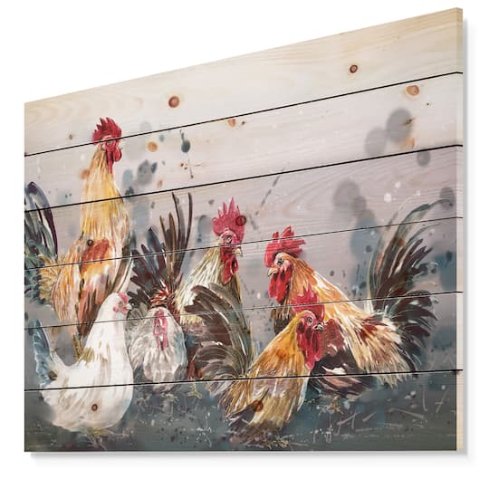Designart - Group of Rooster in Gray Farm background